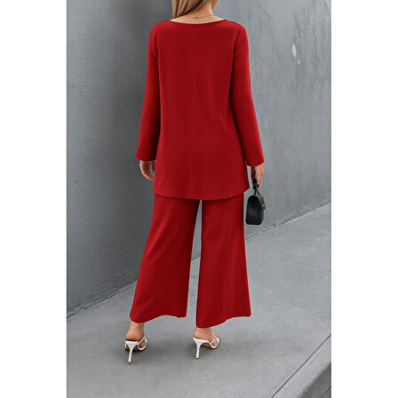 Lucky Life Kadın Uzun Kollu Asimetrik Detaylı Salaş Sandy Bluz Ve Pantolon Ikili Takım