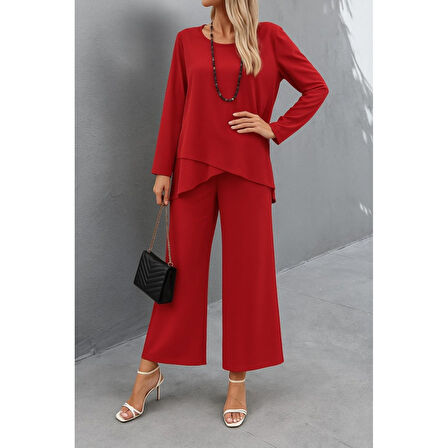 Lucky Life Kadın Uzun Kollu Asimetrik Detaylı Salaş Sandy Bluz Ve Pantolon Ikili Takım