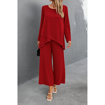 Lucky Life Kadın Uzun Kollu Asimetrik Detaylı Salaş Sandy Bluz Ve Pantolon Ikili Takım