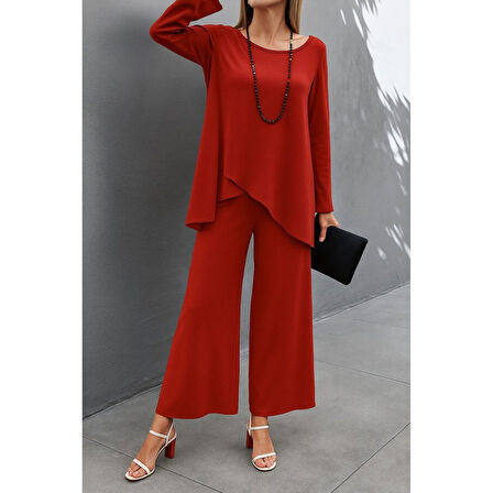 Lucky Life Kadın Uzun Kollu Asimetrik Detaylı Salaş Sandy Bluz Ve Pantolon Ikili Takım