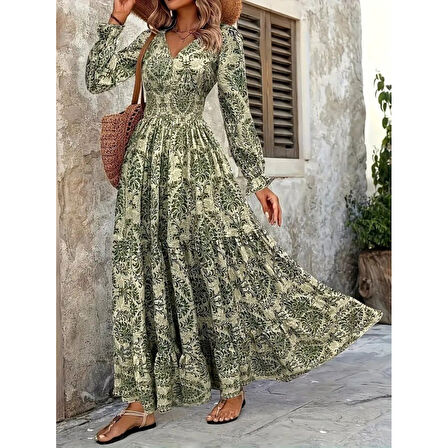 Lucky Life Kadın Uzun Kollu V Yakalı Desenli Süprem Elbise