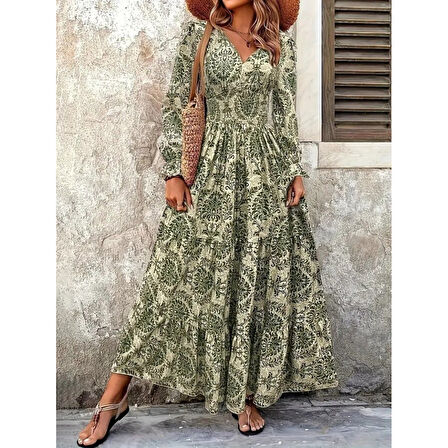 Lucky Life Kadın Uzun Kollu V Yakalı Desenli Süprem Elbise