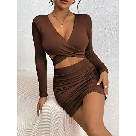 Lucky Life Kadın Uzun Kollu çapraz Dekolte Detaylı Mini Sandy Elbise