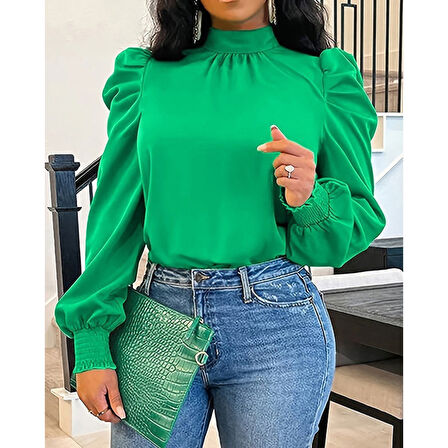 Lucky Life Kadın  Uzun Kollu Balıkçı Yaka Arkadan Bağlamalı Omuzlardan Balon Ithal Krep Bluz