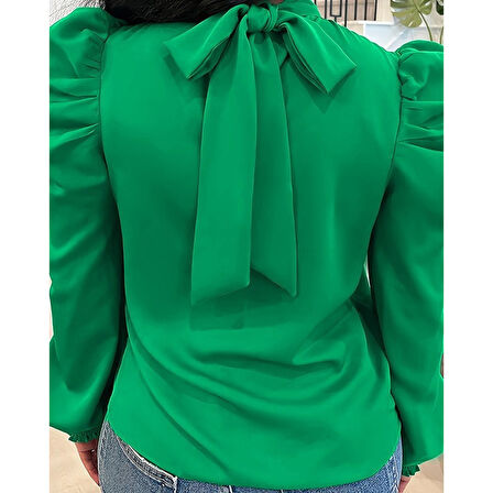 Lucky Life Kadın  Uzun Kollu Balıkçı Yaka Arkadan Bağlamalı Omuzlardan Balon Ithal Krep Bluz