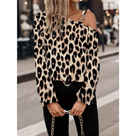 Lucky Life Kadın Uzun Kollu Tek Omuzu Açık Tokalı Leopar Desenli Modal Bluz