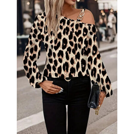 Lucky Life Kadın Uzun Kollu Tek Omuzu Açık Tokalı Leopar Desenli Modal Bluz