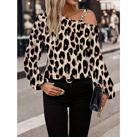 Lucky Life Kadın Uzun Kollu Tek Omuzu Açık Tokalı Leopar Desenli Modal Bluz