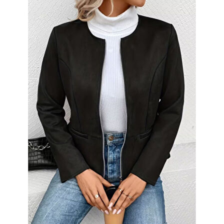 Lucky Life Kadın Uzun Kollu Yuvarlak Yaka önden Fermuarlı Süet Ceket