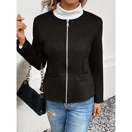 Lucky Life Kadın Uzun Kollu Yuvarlak Yaka önden Fermuarlı Süet Ceket