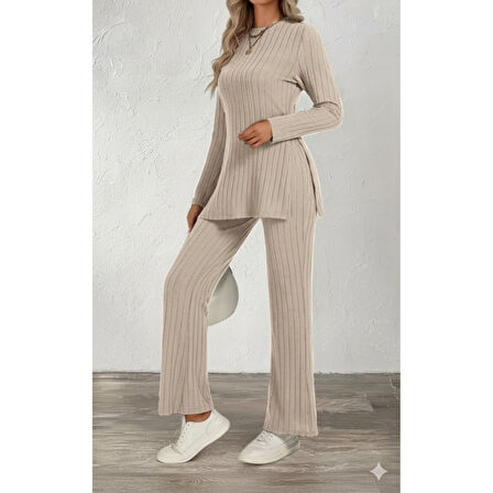 Lucky Life Kadın Uzun Kollu Bisiklet Yaka Yandan Yırtmaçlı şardonlu Kaşkorse Bluz Ve Pantolon Ikili Takım