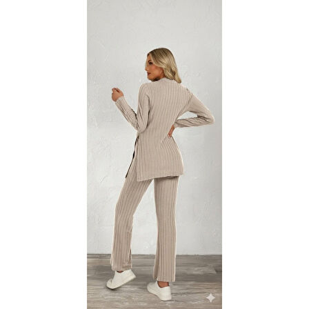 Lucky Life Kadın Uzun Kollu Bisiklet Yaka Yandan Yırtmaçlı şardonlu Kaşkorse Bluz Ve Pantolon Ikili Takım