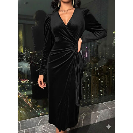 Lucky Life Kadın Uzun Kollu Kruvaze Yakalı Yandan Büzgülü Midi Kadife Elbise