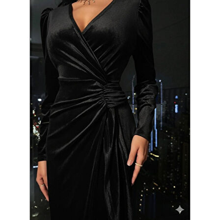 Lucky Life Kadın Uzun Kollu Kruvaze Yakalı Yandan Büzgülü Midi Kadife Elbise