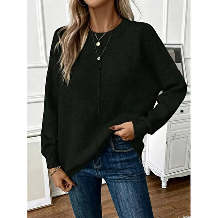 Lucky Life Kadın Uzun Kollu Bisiklet Yaka Düşük Omuz Detaylı Triko Bluz