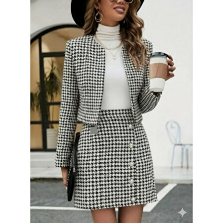 Lucky Life Kadın Uzun Kollu önü Açık Dokuma Ceket Ve Mini Etek Ikili Takım