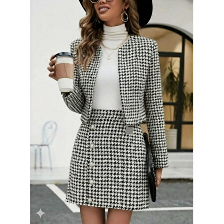 Lucky Life Kadın Uzun Kollu önü Açık Dokuma Ceket Ve Mini Etek Ikili Takım