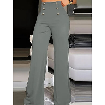 Lucky Life Kadın Yüksek Bel önden Düğmeli Uzun Paçaya Doğru Geniş Ithal Krep Pantolon