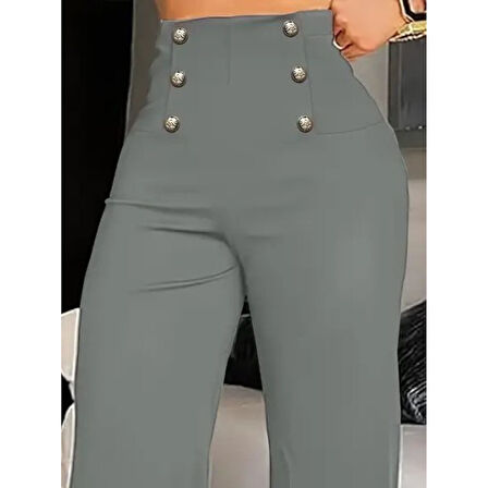 Lucky Life Kadın Yüksek Bel önden Düğmeli Uzun Paçaya Doğru Geniş Ithal Krep Pantolon