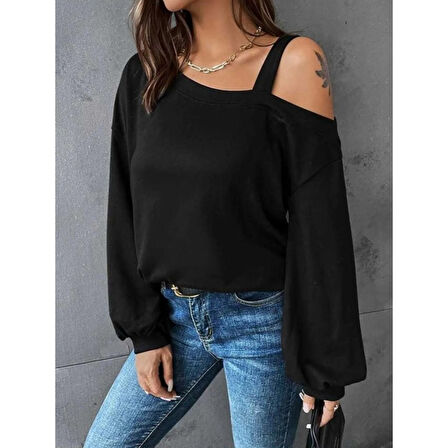 Lucky Life Kadın Uzun Kollu Tek Omuz Askı Detay Salaş Viskon Iki Iplik Bluz