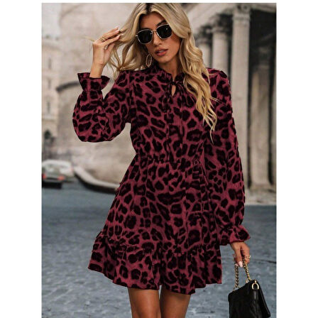 Lucky Life Kadın Uzun Kollu Yakadan Bağcıklı Modal Leopar Desenli Mini Elbise