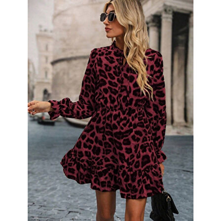 Lucky Life Kadın Uzun Kollu Yakadan Bağcıklı Modal Leopar Desenli Mini Elbise