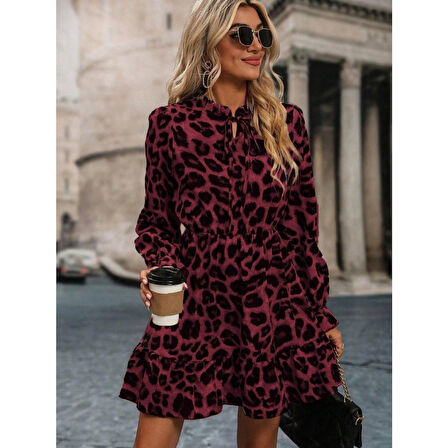 Lucky Life Kadın Uzun Kollu Yakadan Bağcıklı Modal Leopar Desenli Mini Elbise