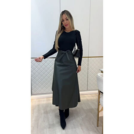 Lucky Life Kadın Belden Kuşaklı Uzun Deri Etek