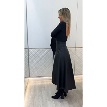 Lucky Life Kadın Belden Kuşaklı Uzun Deri Etek