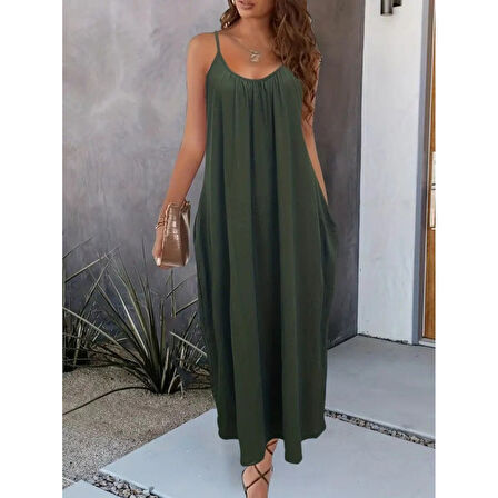 Lucky Life Kadın Ip Askılı Geniş V Yakalı Cepli Viskon Elbise