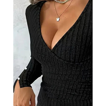 Lucky Life Kadın Uzun Kollu Kruvaze Yakalı Incili şardonlu Kaşkorse Bluz