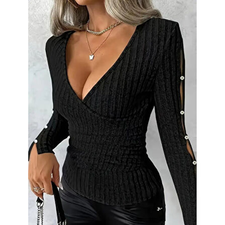 Lucky Life Kadın Uzun Kollu Kruvaze Yakalı Incili şardonlu Kaşkorse Bluz