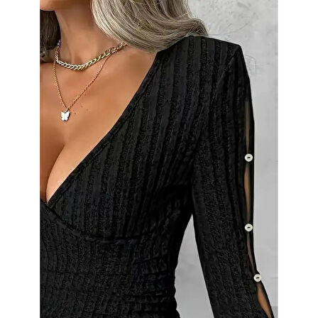 Lucky Life Kadın Uzun Kollu Kruvaze Yakalı Incili şardonlu Kaşkorse Bluz