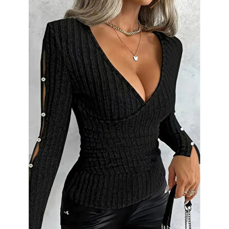 Lucky Life Kadın Uzun Kollu Kruvaze Yakalı Incili şardonlu Kaşkorse Bluz