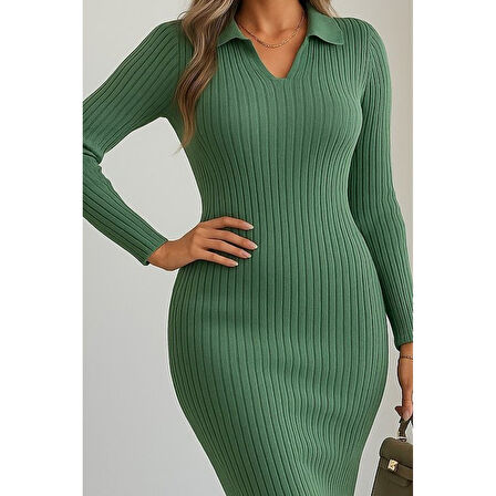 Lucky Life Kadın Uzun Kollu Yakalı Triko Elbise