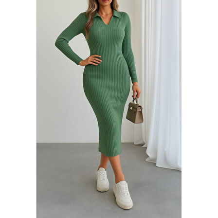 Lucky Life Kadın Uzun Kollu Yakalı Triko Elbise