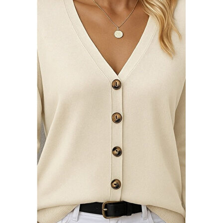 Lucky Life  Uzun Kollu önü Düğmeli Kısa Hırka