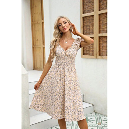 Lucky Life Kadın Kısa Kollu Kruvaze Yaka Lastikli Belden Gipeli çiçek Desenli Suprem Elbise