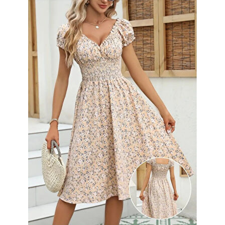 Lucky Life Kadın Kısa Kollu Kruvaze Yaka Lastikli Belden Gipeli çiçek Desenli Suprem Elbise