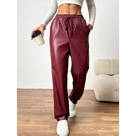 Lucky Life Kadın Yüksel Bel Bağcıklı Deri Pantolon