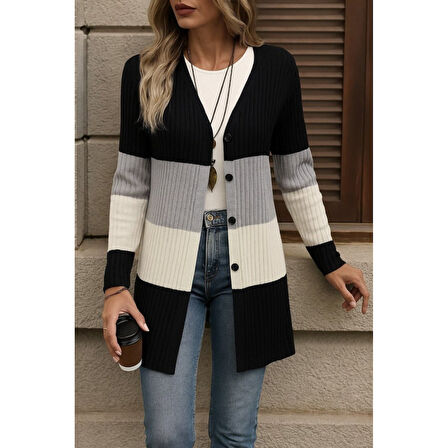 Lucky Life Lucky Life Kadın Uzun Kollu çok Renkli önden Düğmeli Uzun Ceket