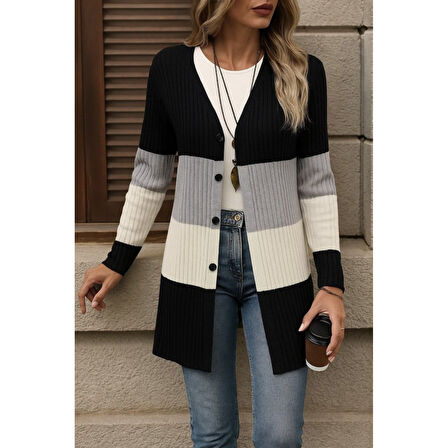 Lucky Life Lucky Life Kadın Uzun Kollu çok Renkli önden Düğmeli Uzun Ceket