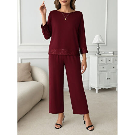 Lucky Life Kadın Uzun Kollu Bisiklet Yaka Pulpayetli Viskon Iki Iplik Bluz Ve Pantolon Ikili Takım