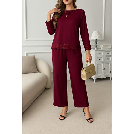 Lucky Life Kadın Uzun Kollu Bisiklet Yaka Pulpayetli Viskon Iki Iplik Bluz Ve Pantolon Ikili Takım