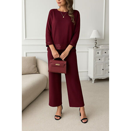 Lucky Life Kadın Uzun Kollu Bisiklet Yaka Pulpayetli Viskon Iki Iplik Bluz Ve Pantolon Ikili Takım