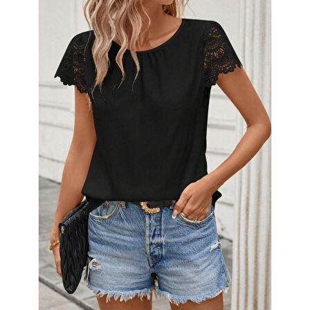 Lucky Life Kadın Kısa Dantel Kollu Bisiklet Yaka Sandy Bluz