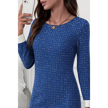 Lucky Life Kadın Uzun Kollu Yuvarlak Yaka Etek Ucu şerit Detaylı Mini Dokuma Elbise