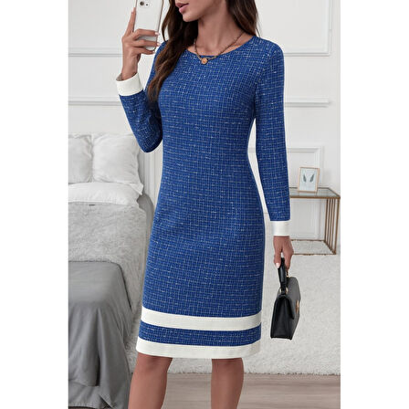 Lucky Life Kadın Uzun Kollu Yuvarlak Yaka Etek Ucu şerit Detaylı Mini Dokuma Elbise