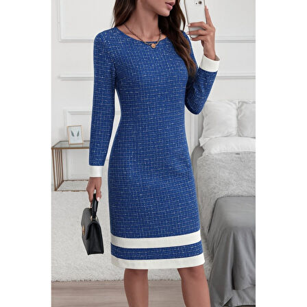 Lucky Life Kadın Uzun Kollu Yuvarlak Yaka Etek Ucu şerit Detaylı Mini Dokuma Elbise