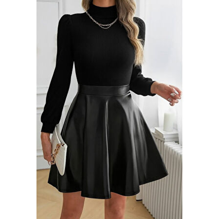 Lucky Life Kadın Uzun Kollu Balıkçı Yaka üst Kaşkorse Alt Deri Detaylı Mini Elbise